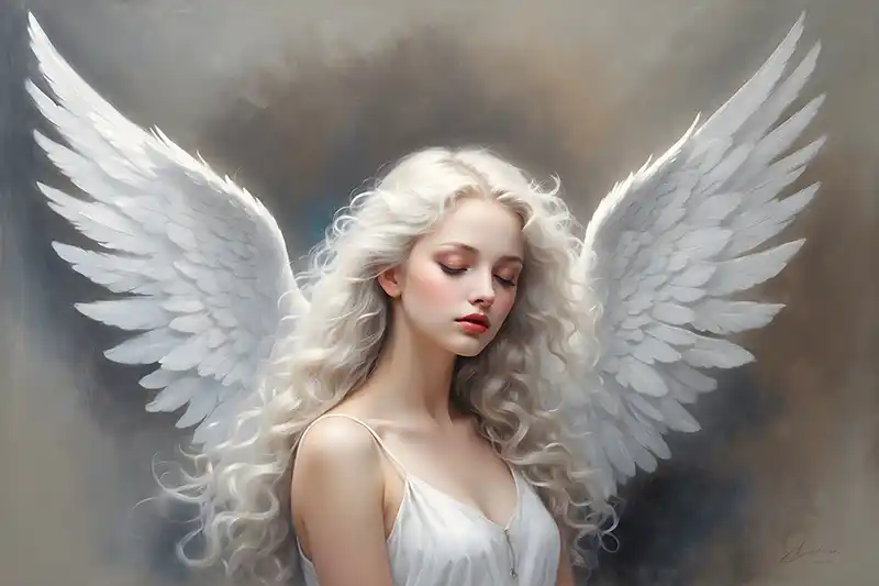 A portrait of an angel with feathered wings and long, curly hair